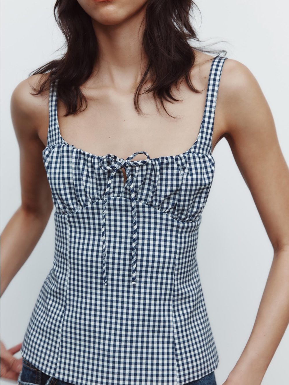 Zara Navy and White Gingham Tie-Front Top